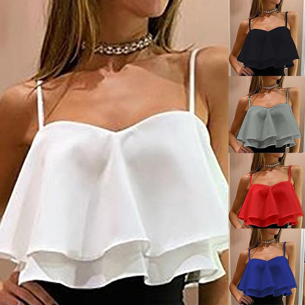 Women's Shirts - Tank Tops Pleated Ruffle Crop Tanks For Women Trendy Double Layer...