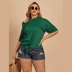 Trendsi plus size cold shoulder tee in green with a knot detail, styled for a trendy summer look.