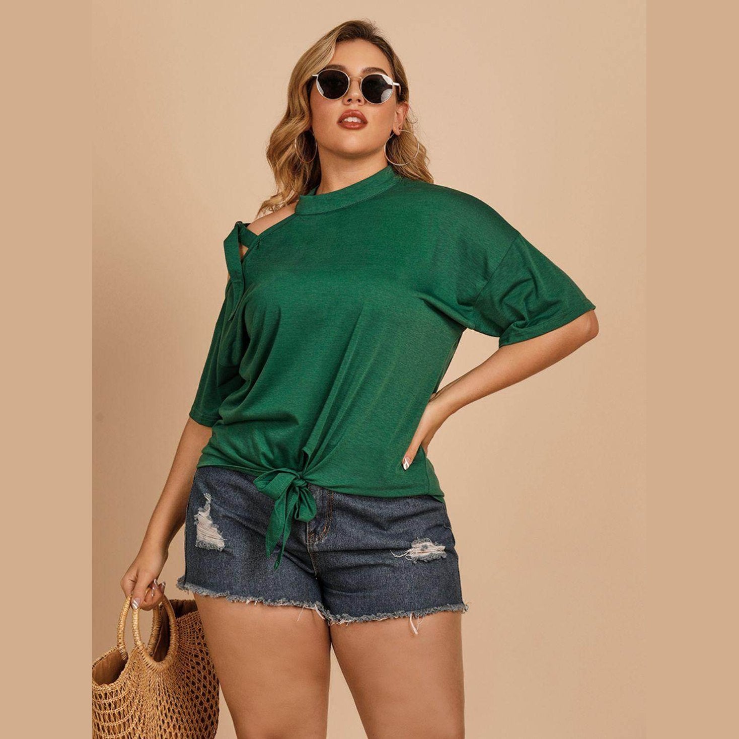 Trendsi plus size cold shoulder tee in green with a knot detail, styled for a trendy summer look.