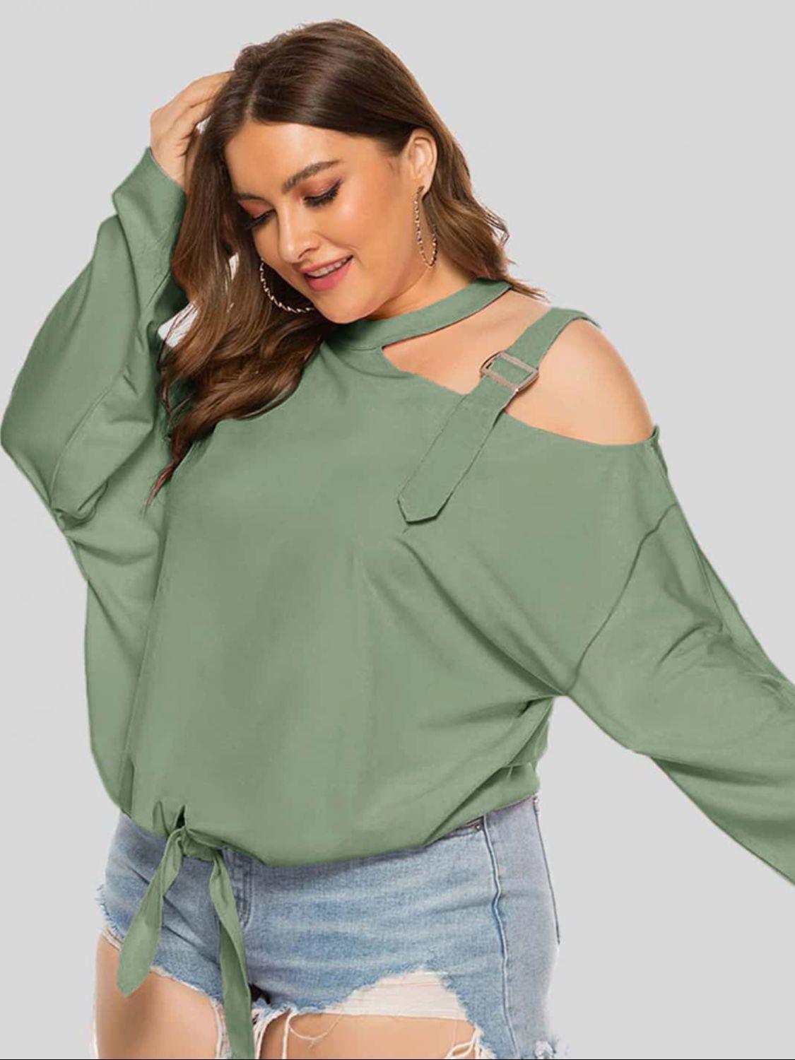 Women's Shirts - Plus Plus Size Cold-Shoulder Tied Top