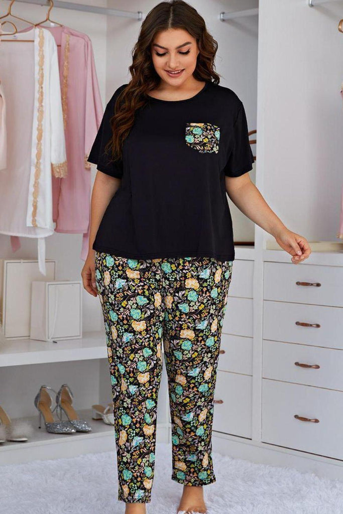 Women's Sleepwear/Loungewear Plus Size Contrast Round Neck Tee And Floral Pants Lounge Set