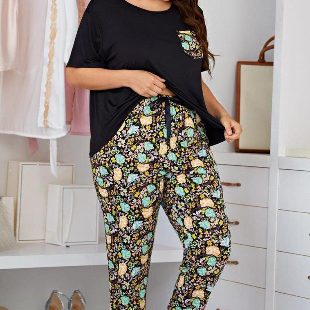 Women's Sleepwear/Loungewear Round Neck Tee Floral Pants Set