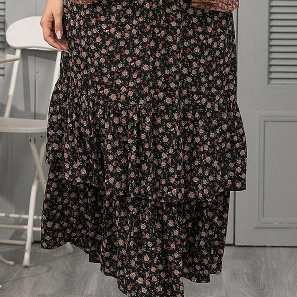 Women's Skirts Plus Black Floral Layered Maxi Skirt