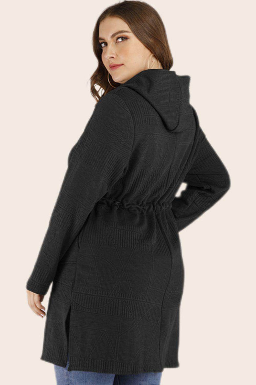 Trendsi plus size drawstring cardigan in dark gray with a hood and adjustable waist for a comfortable fit