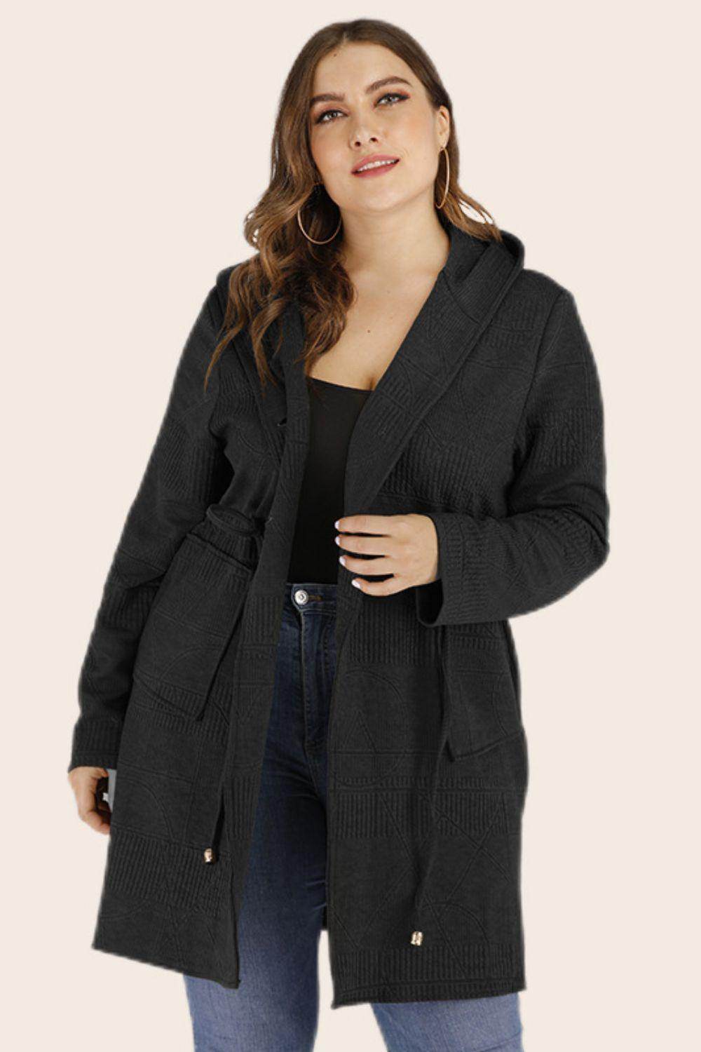 Trendsi plus size drawstring cardigan in dark gray with pockets and adjustable waist for comfort