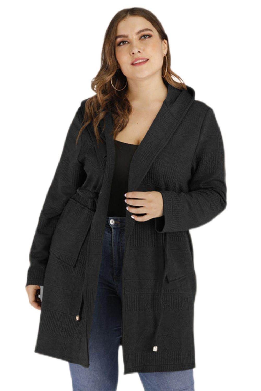 Trendsi plus size drawstring cardigan in dark gray with hood and pockets for stylish layering