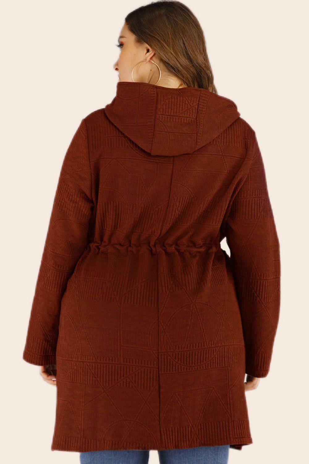 Trendsi plus size drawstring cardigan in rust color with a hood and adjustable waist for a flattering fit