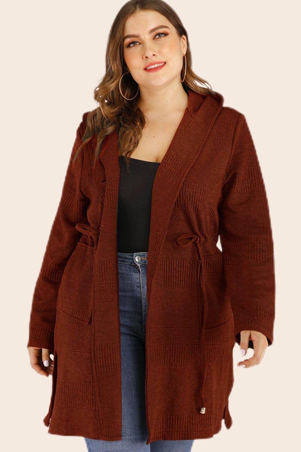 Trendsi plus size drawstring cardigan in brown with pockets and hood for cozy casual wear