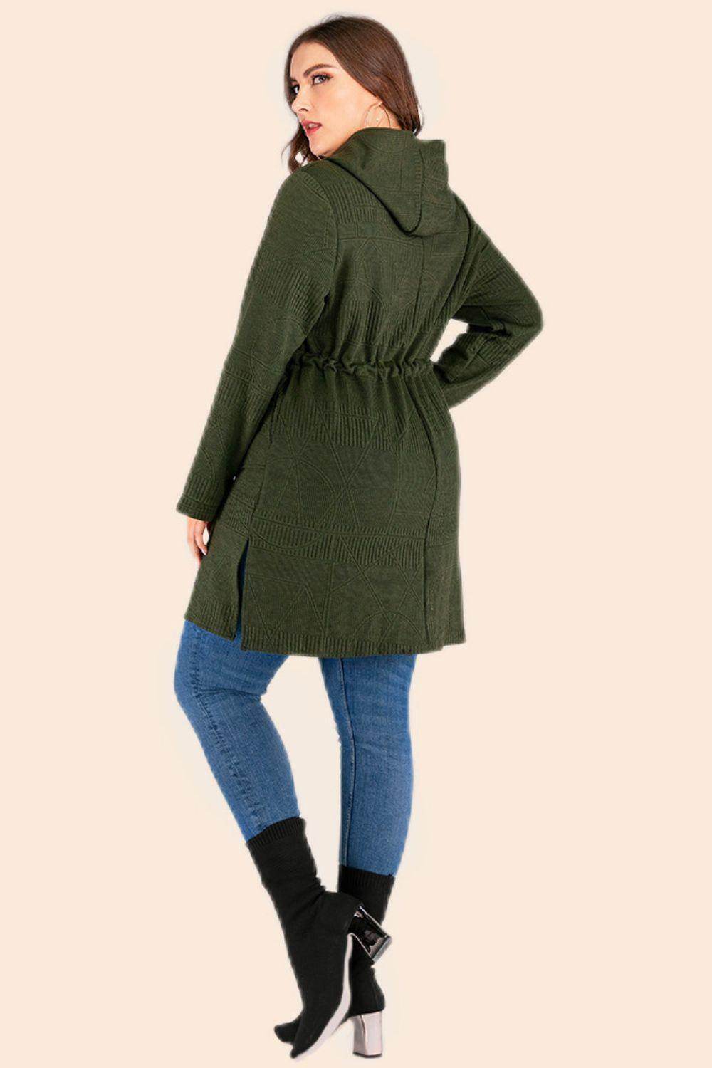 Trendsi plus size drawstring cardigan in olive green with hood and adjustable waist for a stylish look