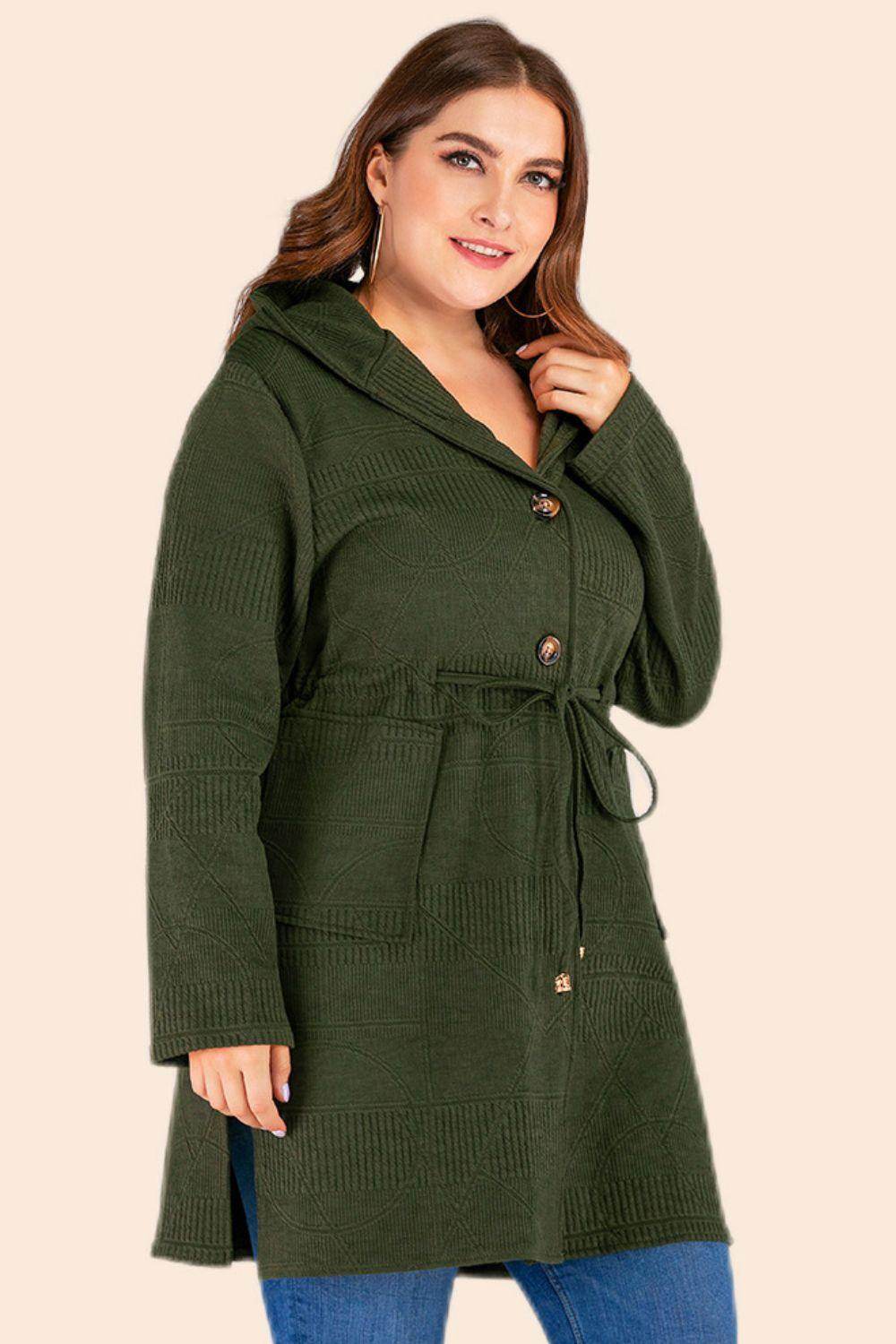 Plus size drawstring cardigan in dark green with a button front and adjustable waist for comfort and style