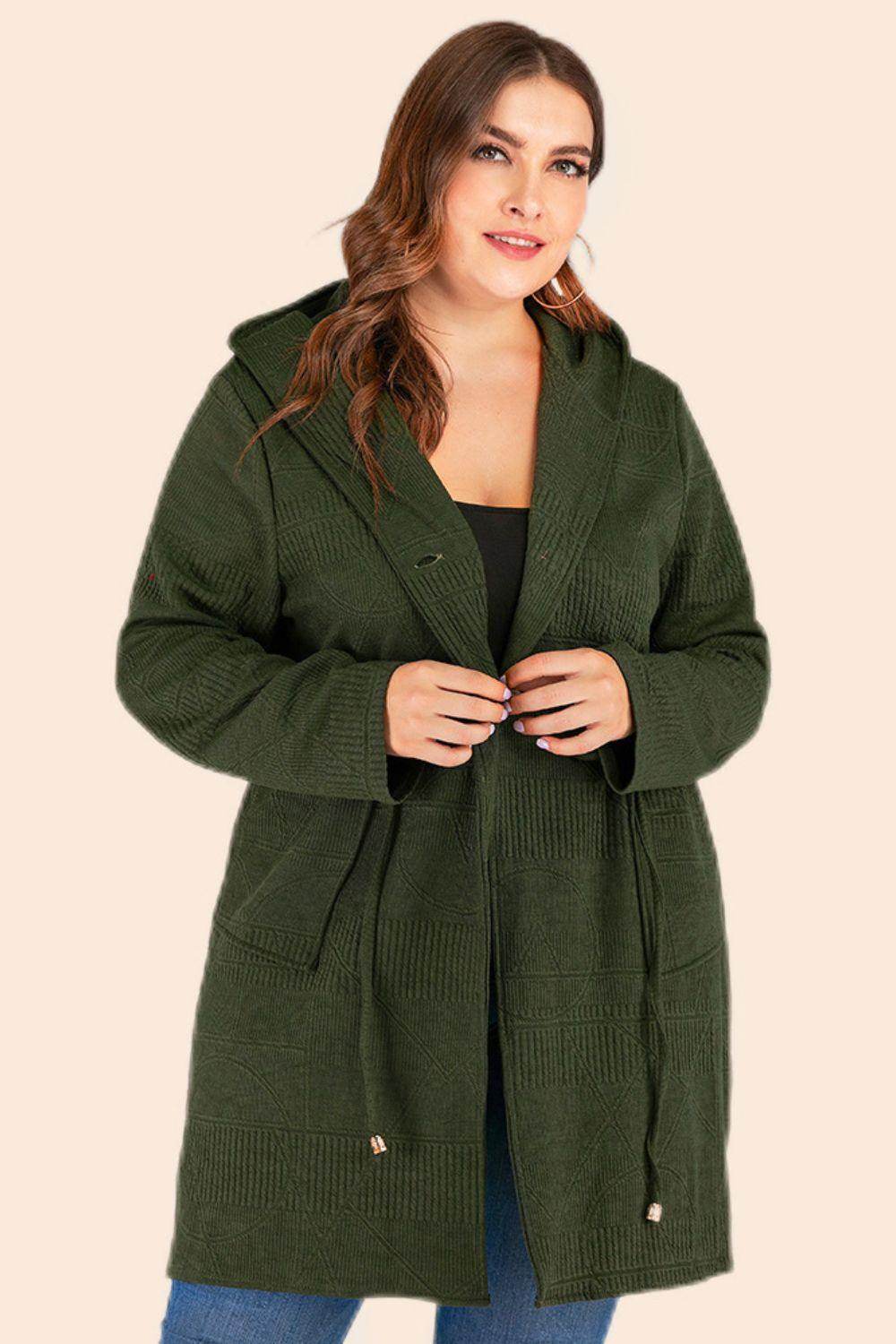 Trendsi plus size drawstring cardigan in olive green with a cozy design and adjustable drawstring waist