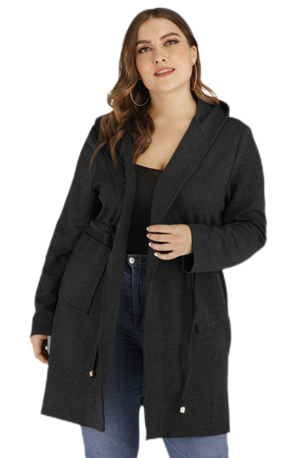 Women's Sweaters - Cardigans Plus Size Drawstring Waist Hooded Cardigan With Pockets