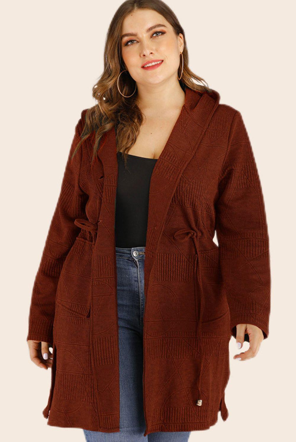 Women's Sweaters - Cardigans Plus Size Drawstring Waist Hooded Cardigan With Pockets