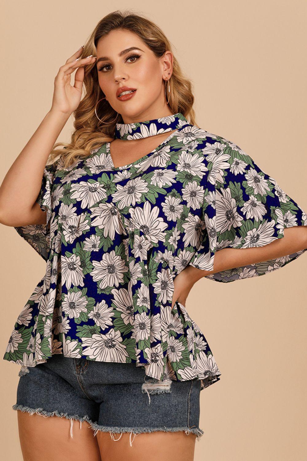 Women's Shirts - Plus Plus Navy Floral Flutter Sleeve Blouse