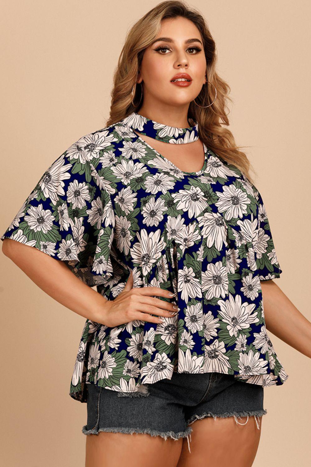 Women's Shirts - Plus Plus Navy Floral Flutter Sleeve Blouse