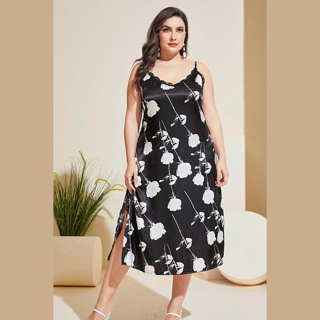 Trendsi Plus Size Floral Lace Nightgown in Black with White Floral Design and Elegant Side Slit
