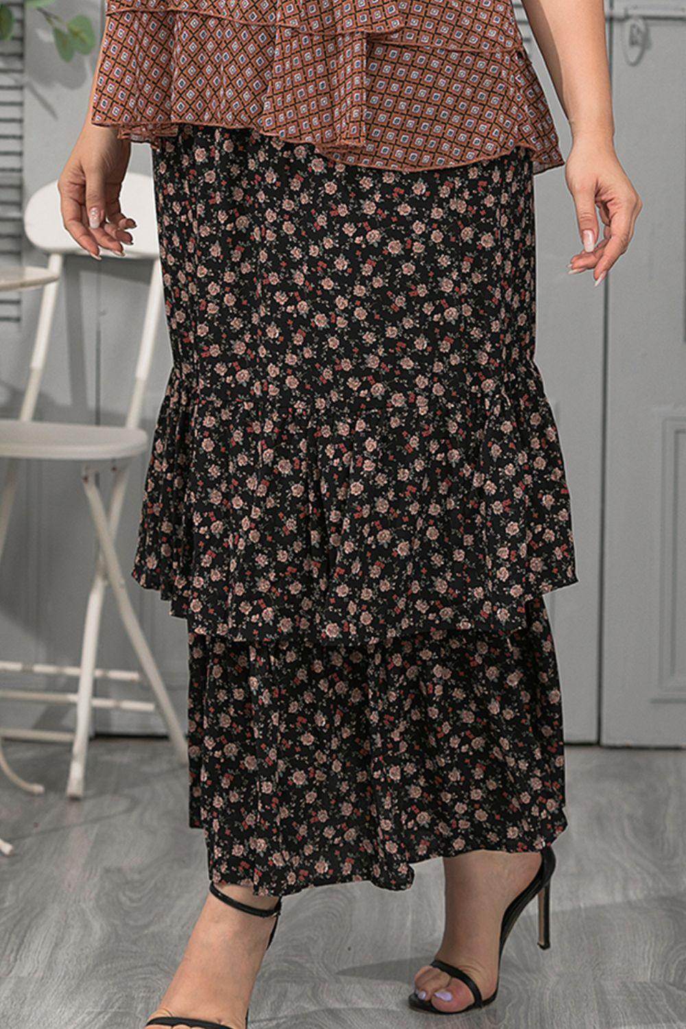 Trendsi plus size floral maxi skirt with layered ruffles and a vibrant floral pattern