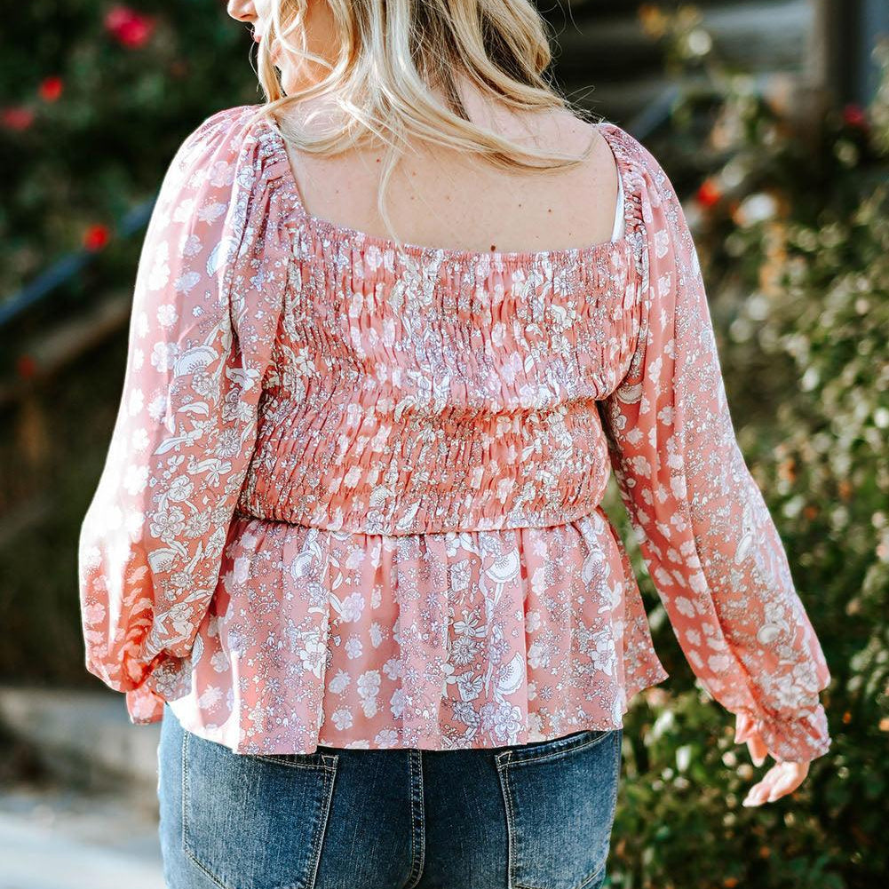 Women's Shirts - Plus Floral Smocked Flounce Sleeve Blouse