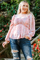 Women's Shirts - Plus Floral Smocked Flounce Sleeve Blouse