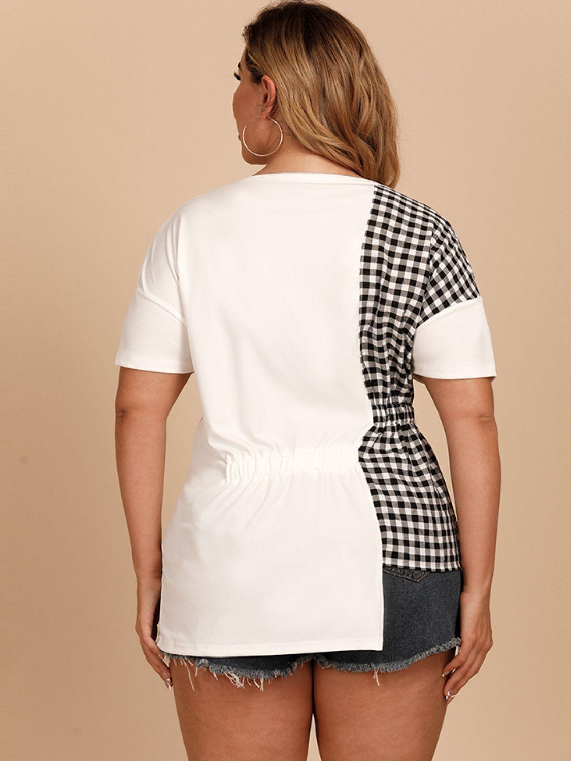 Women's Shirts - Plus Plus Size Gingham Color Block Asymmetrical T-Shirt