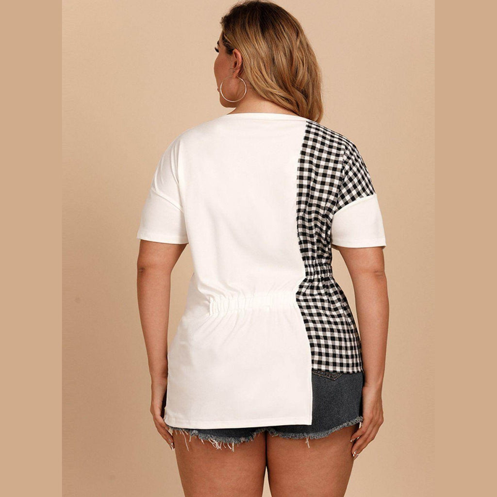 Trendsi Plus Size Gingham T-Shirt with Black and White Panel Design for Stylish Comfort