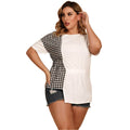 Trendsi plus size gingham t-shirt featuring a stylish black and white design with a drawstring waist