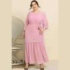 Trendsi plus size lace dress in pink with elegant lace details and a stylish belt for women