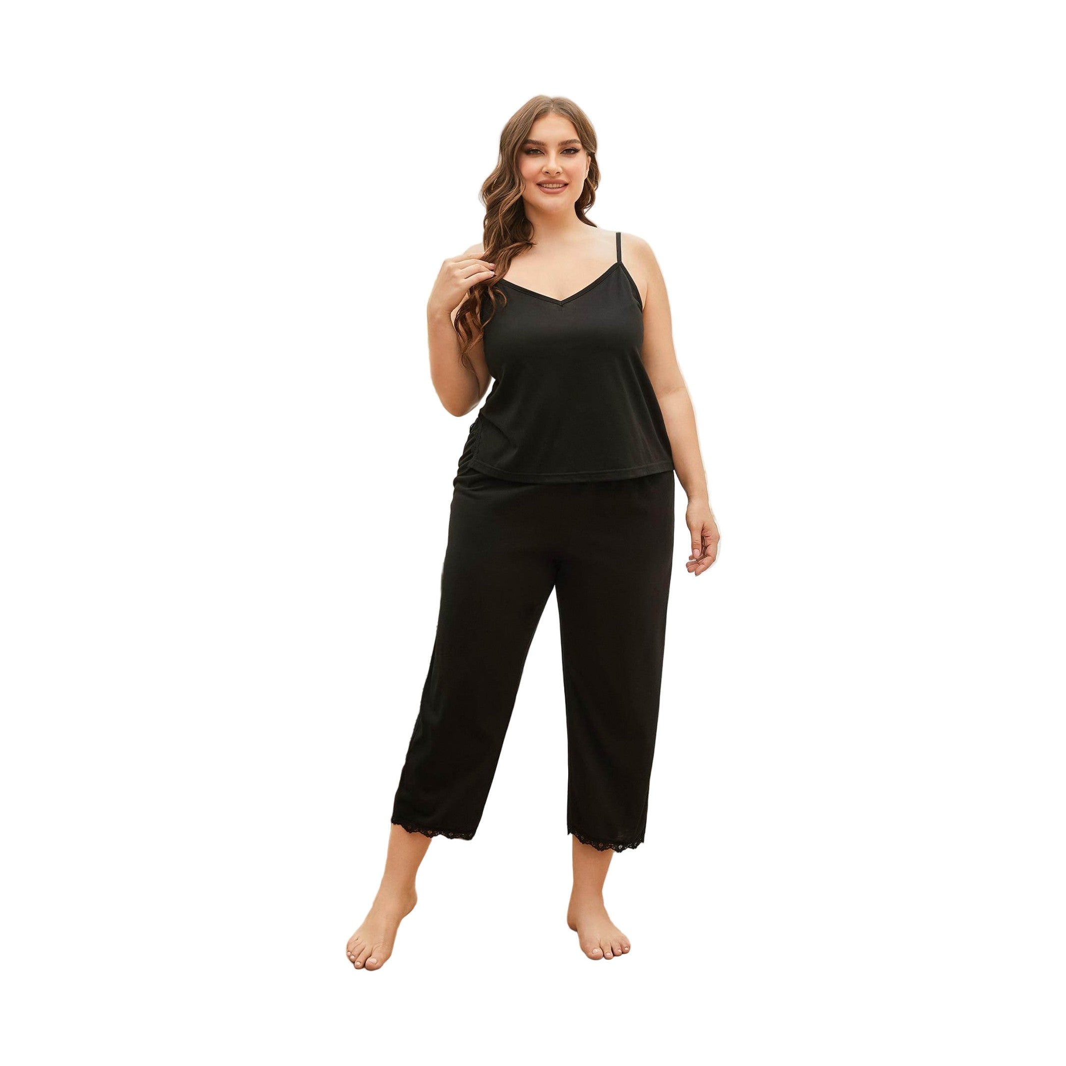 Trendsi plus size lace pajama set in black with a sleeveless top and cropped pants for comfortable lounging