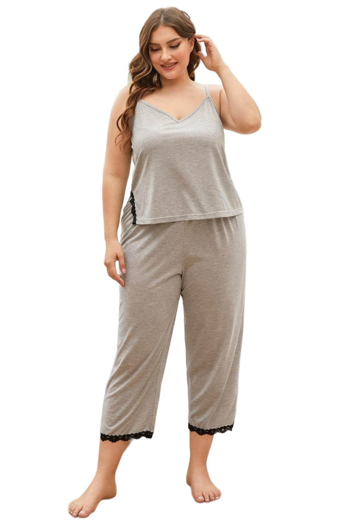 Plus size lace pajama set with a gray tank top and black lace trim, designed for comfort and style