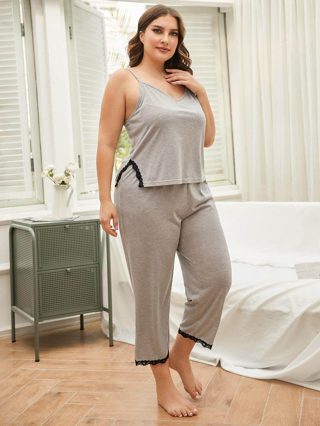 Trendsi plus size lace pajama set in gray with lace trim for comfortable sleep and loungewear