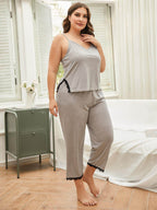 Trendsi plus size lace pajama set in gray with lace trim for comfortable sleep and loungewear