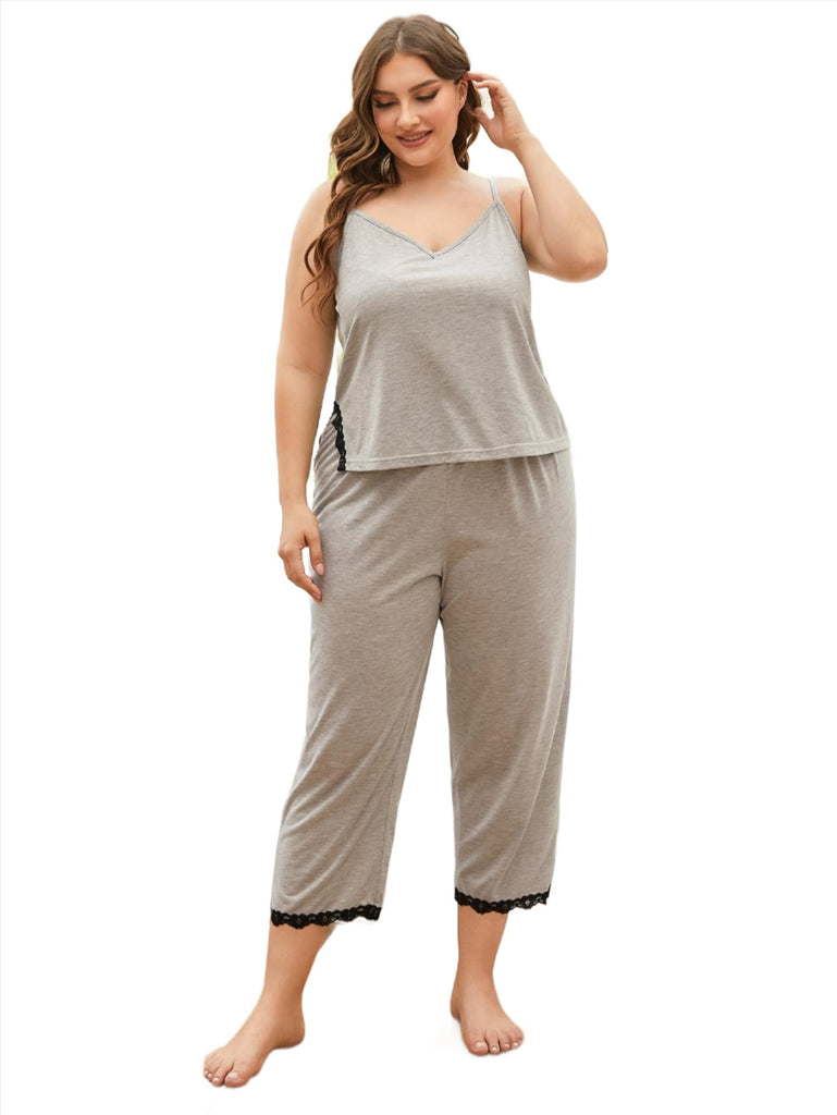 Women's Sleepwear/Loungewear Plus Size Lace Trim Slit Cami And Pants Pajama Set