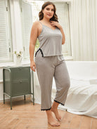 Women's Sleepwear/Loungewear Plus Size Lace Trim Slit Cami And Pants Pajama Set
