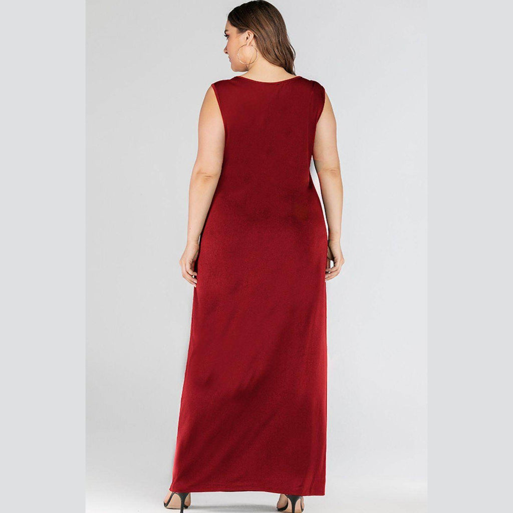 Back view of a plus size maxi tank dress in burgundy, perfect for casual outings or beach days