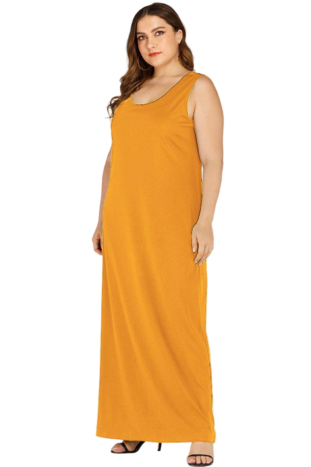 Trendsi plus size maxi tank dress in mustard yellow, perfect for casual outings and summer events