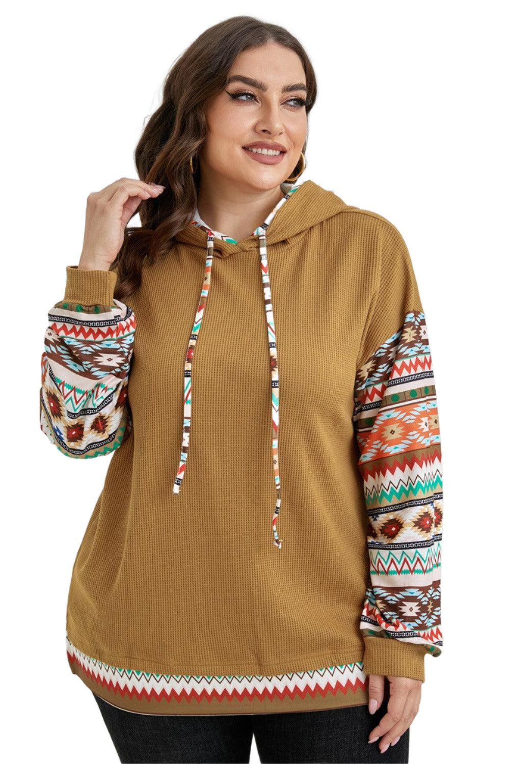 Women's Shirts - Plus Plus Size Printed Side Slit Waffle-Knit Hoodie
