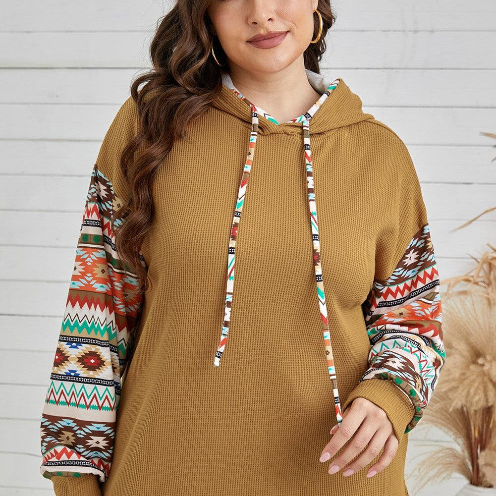 Women's Shirts - Plus Plus Size Printed Side Slit Waffle-Knit Hoodie