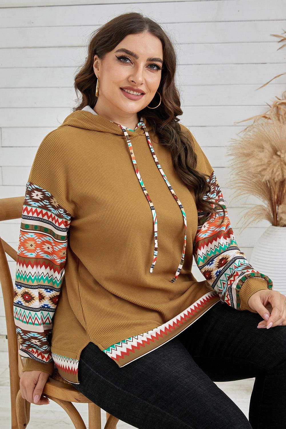 Plus Size Printed Side Slit Waffle-Knit Hoodie – VacationGrabs