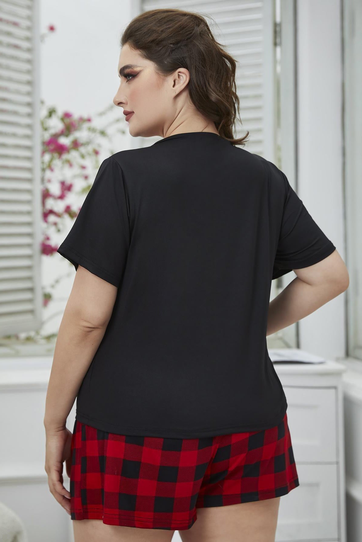 Women's Sleepwear/Loungewear Plus Size Round Neck Tee Shirt And Plaid Shorts Lounge Set