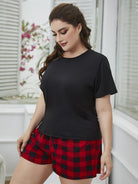 Women's Sleepwear/Loungewear Plus Size Round Neck Tee Shirt And Plaid Shorts Lounge Set