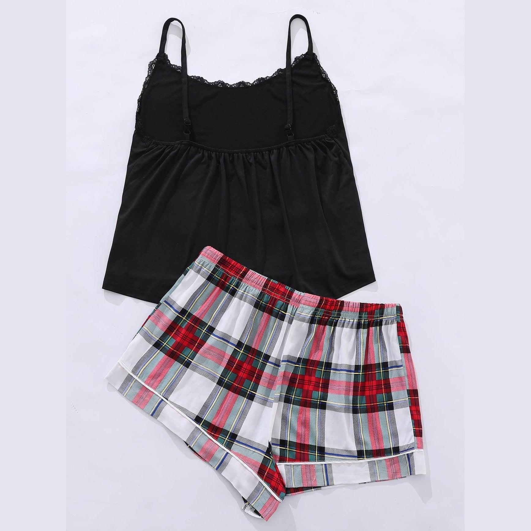 Trendsi plus size scoop neck pajamas set featuring a black lace cami and plaid shorts