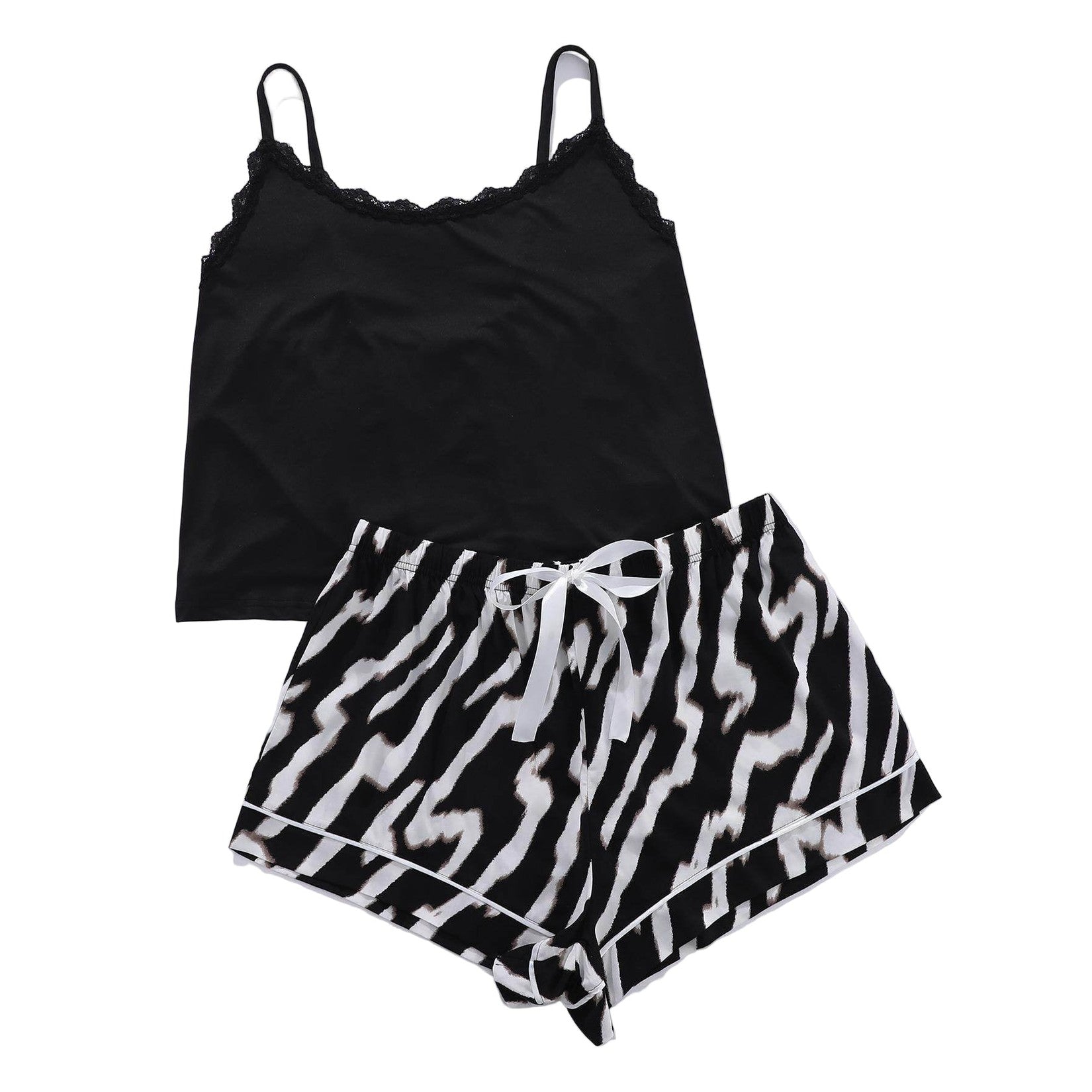 Trendsi plus size scoop neck pajamas featuring a black lace cami and zebra print shorts