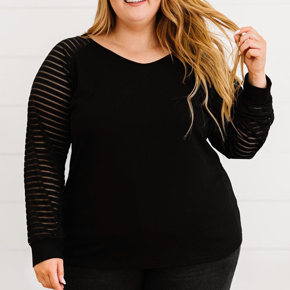 Women's Shirts - Plus Plus Size Sheer Striped Sleeve V-Neck Top