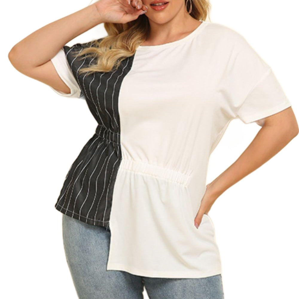 Women's Shirts - Plus Plus Size Striped Color Block Asymmetrical T-Shirt