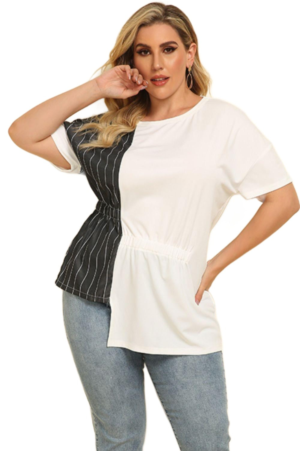 Women's Shirts - Plus Plus Size Striped Color Block Asymmetrical T-Shirt