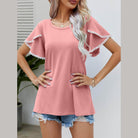 Trendsi pom-pom flutter sleeve tee in pink with decorative sleeves for stylish summer wear