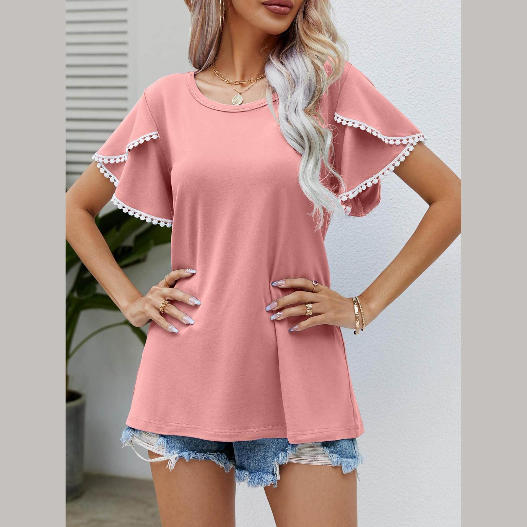 Trendsi pom-pom flutter sleeve tee in pink with decorative sleeves for stylish summer wear