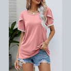 Trendsi Women's pom-pom flutter sleeve tee in blush pink, styled with denim shorts for a casual look