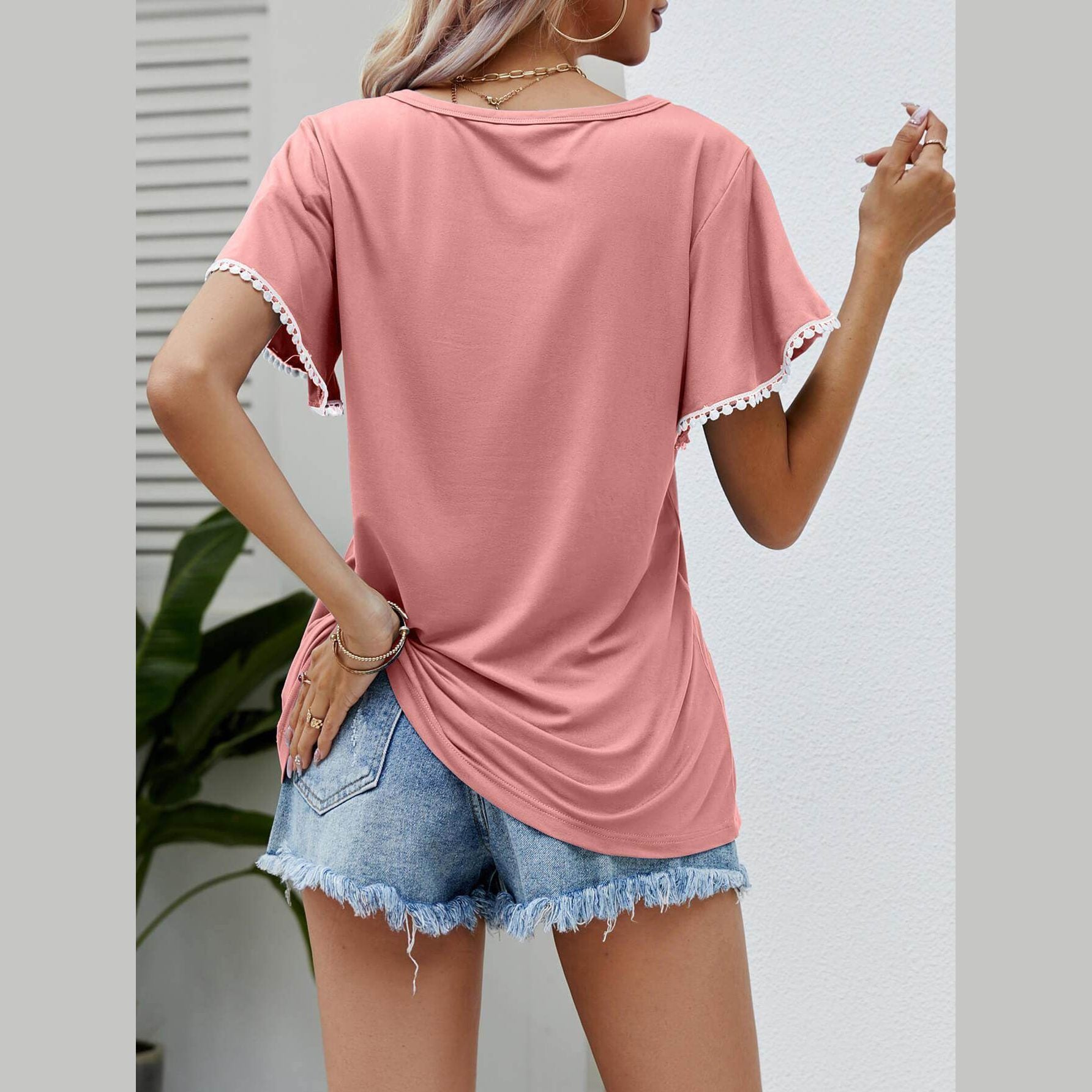 Trendsi Women's pom-pom flutter sleeve tee in pink with relaxed fit for casual comfort