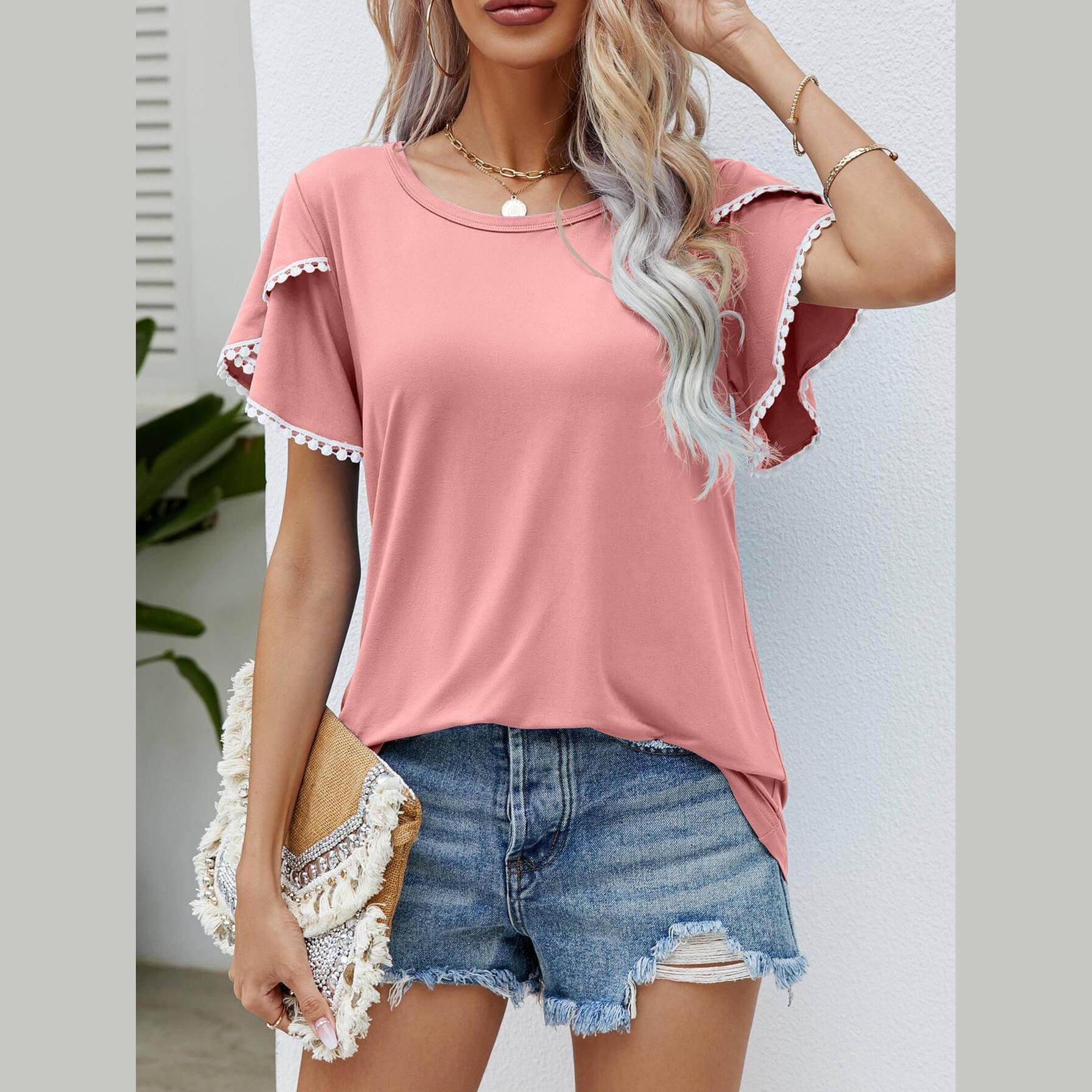 Trendsi Women's pom-pom flutter sleeve tee in pink, perfect for casual summer outings